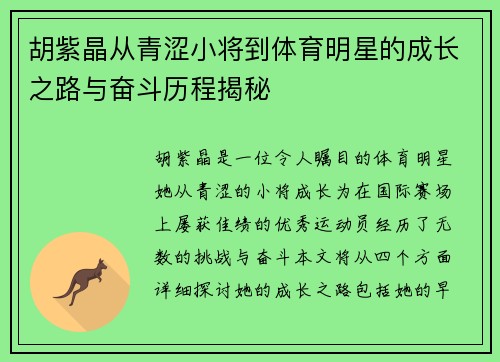 胡紫晶从青涩小将到体育明星的成长之路与奋斗历程揭秘