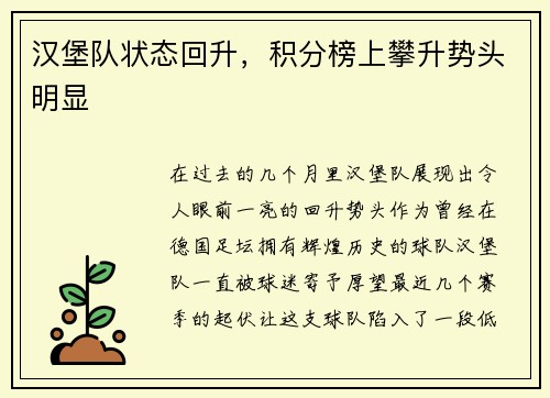 汉堡队状态回升，积分榜上攀升势头明显